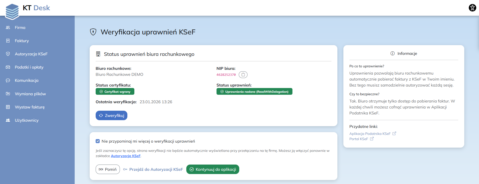 Autoryzacja centralna - ekran weryfikacji